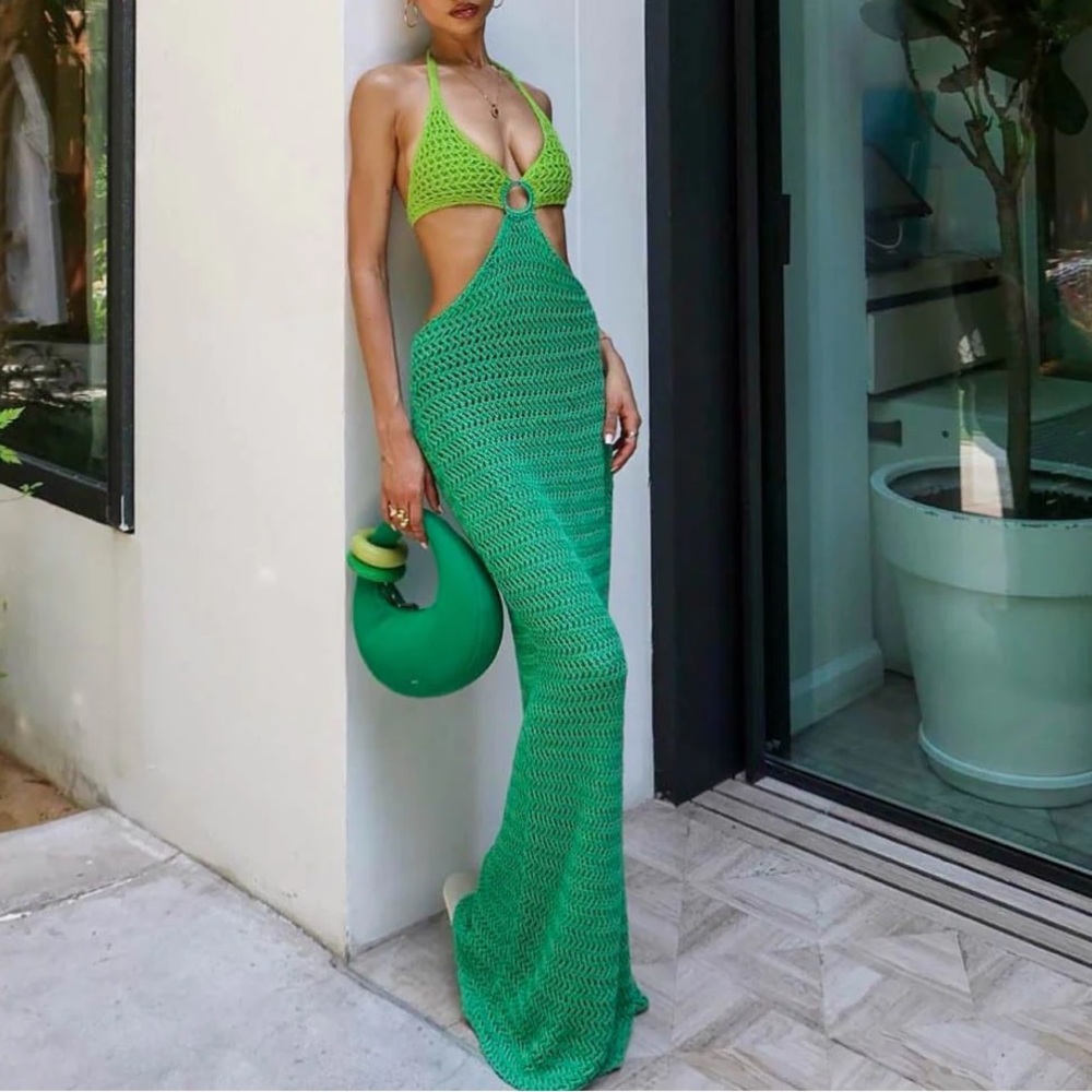 Green and blue crochet dress